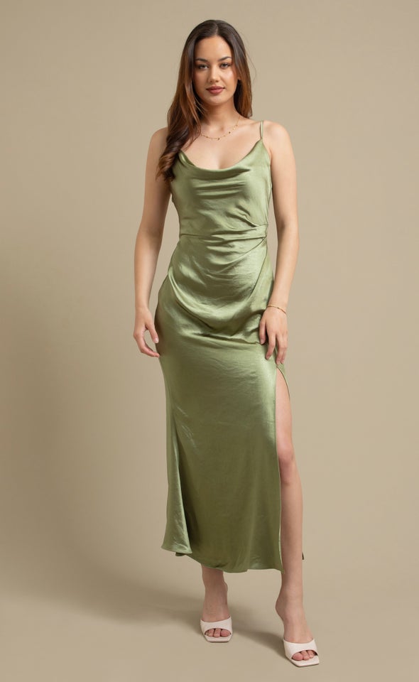 Satin Bias Split Detail Gown Sage