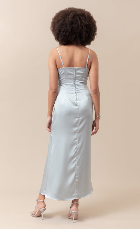 Satin Bias Split Detail Gown Silver