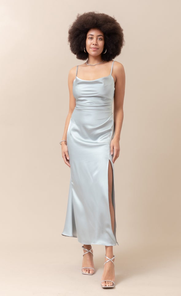 Satin Bias Split Detail Gown Silver