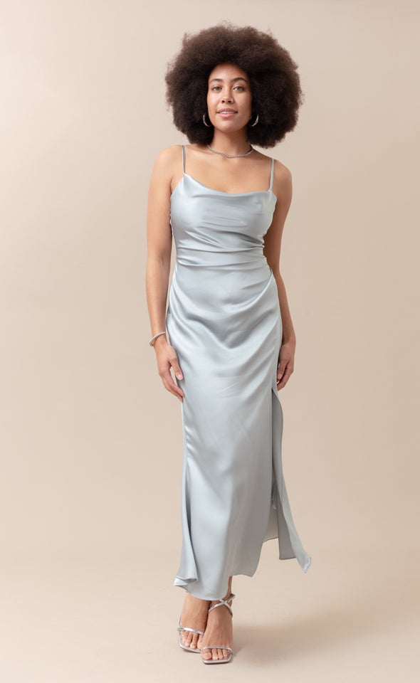 Satin Bias Split Detail Gown Silver