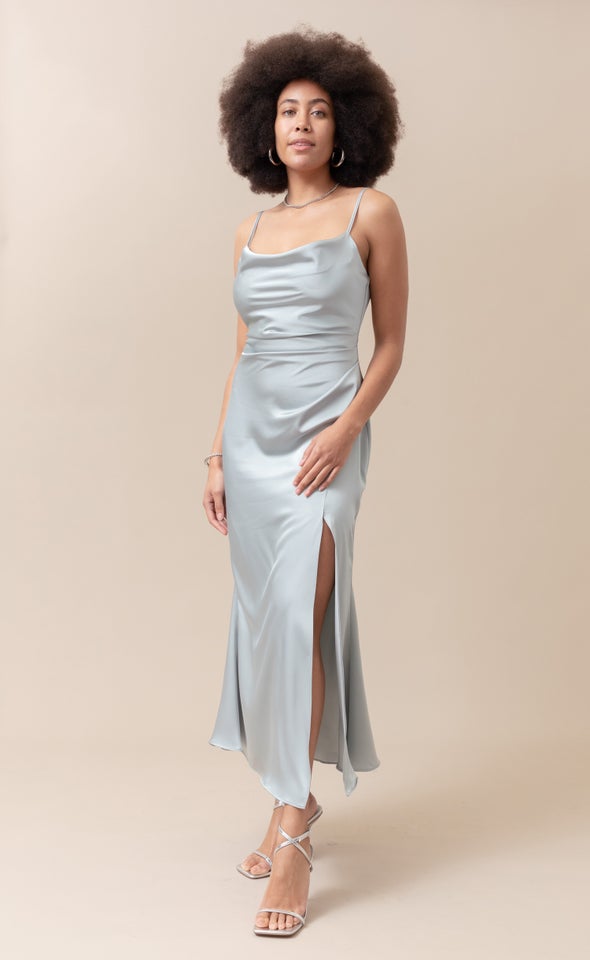 Satin Bias Split Detail Gown Silver