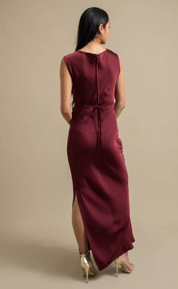 Satin Boat Neck Bias Gown Aubergine