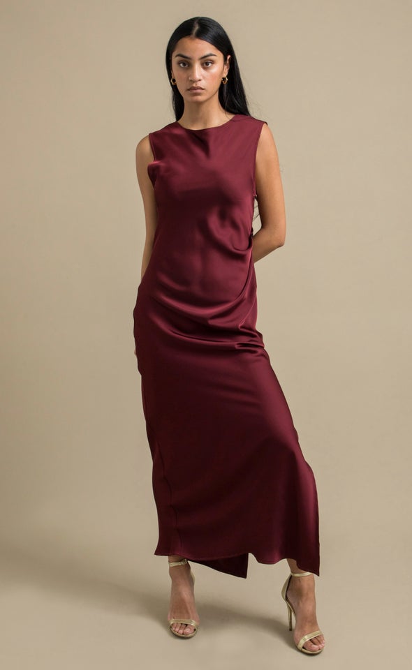 Satin Boat Neck Bias Gown Aubergine