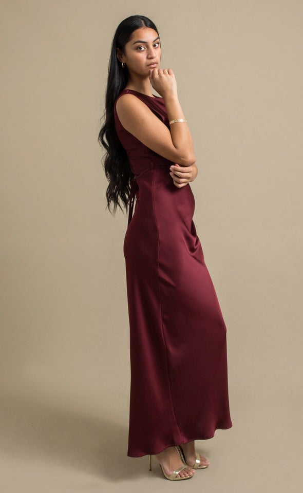 Satin Boat Neck Bias Gown Aubergine