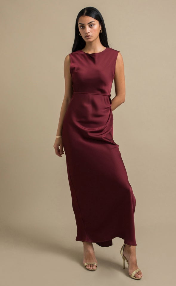 Satin Boat Neck Bias Gown Aubergine