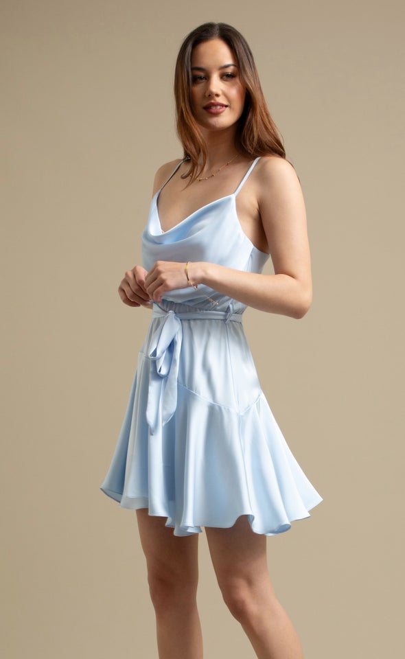 Satin Cowl Skater Dress Ice Blue