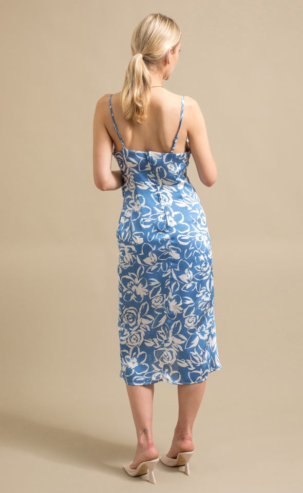 Satin Cowl Split Hem Dress Blue/floral