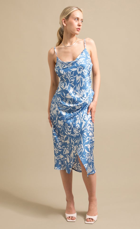 Satin Cowl Split Hem Dress Blue/floral