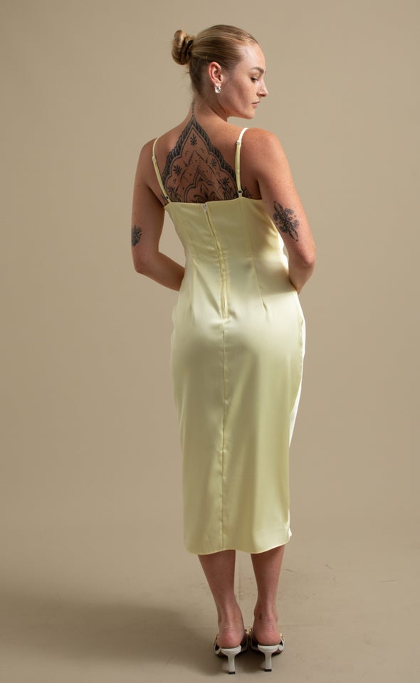 Satin Cowl Split Hem Dress Lemon