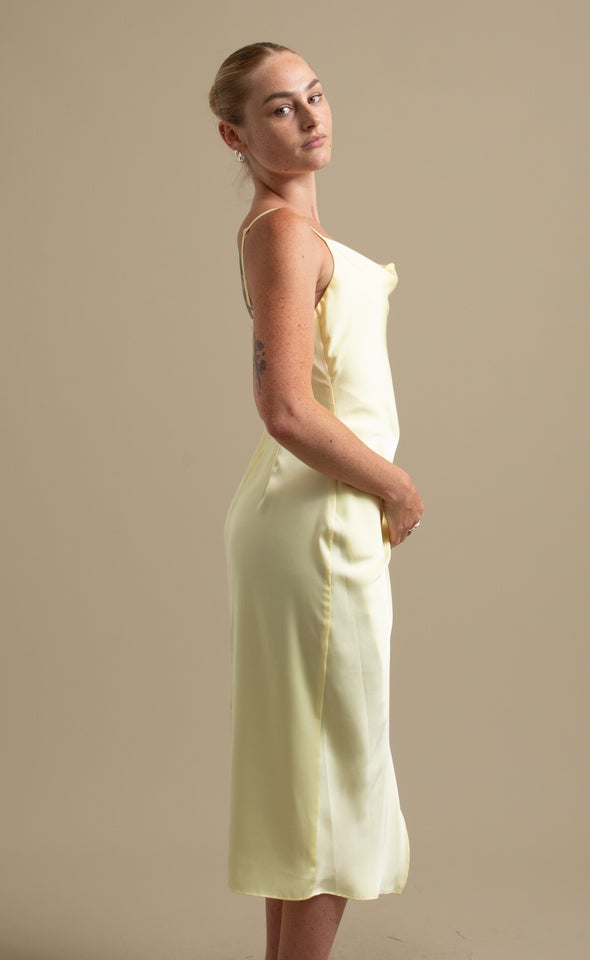 Satin Cowl Split Hem Dress Lemon