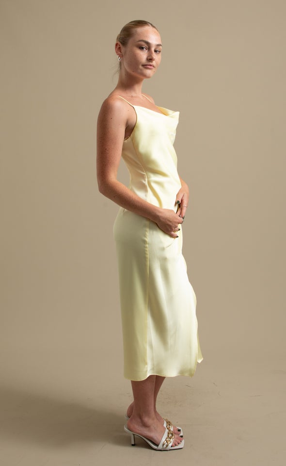 Satin Cowl Split Hem Dress Lemon