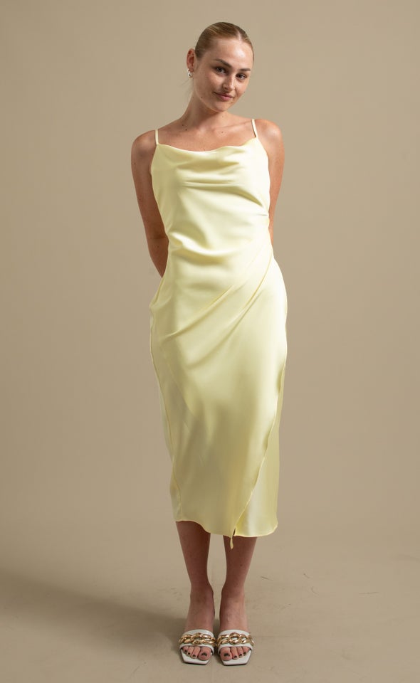 Satin Cowl Split Hem Dress Lemon