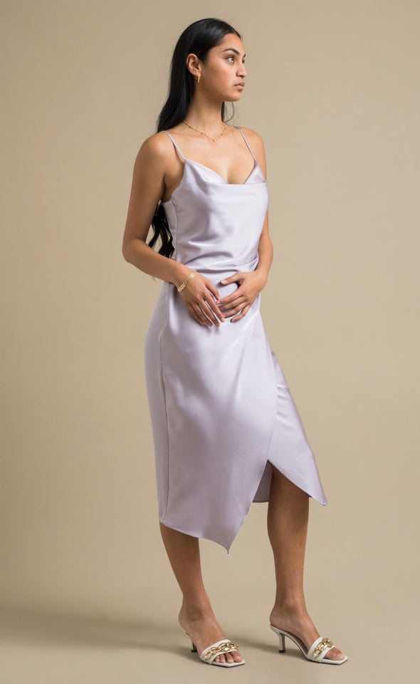 Satin Cowl Split Hem Dress Lilac