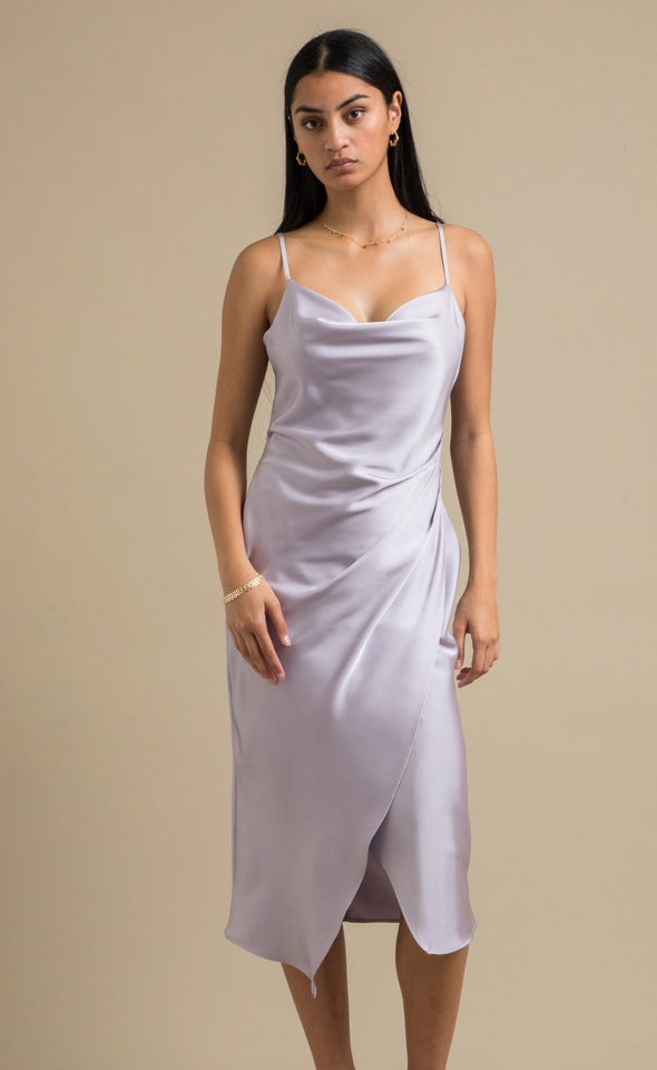 Satin Cowl Split Hem Dress Lilac