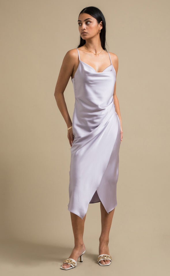 Satin Cowl Split Hem Dress Lilac