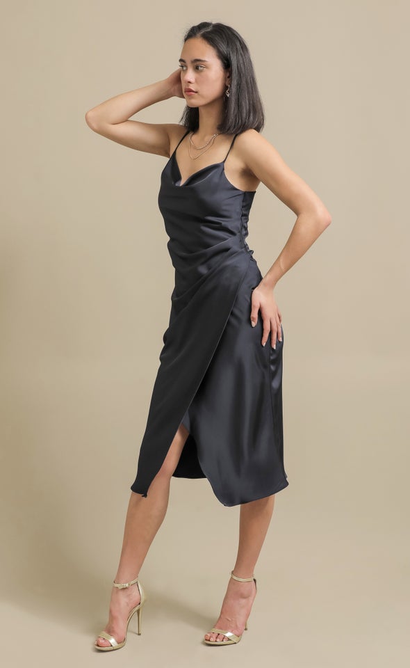 Satin Cowl Split Hem Dress Navy