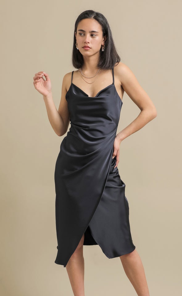 Satin Cowl Split Hem Dress Navy