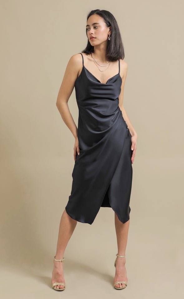 Satin Cowl Split Hem Dress Navy