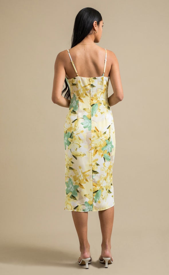 Satin Cowl Split Hem Dress Yellow/floral