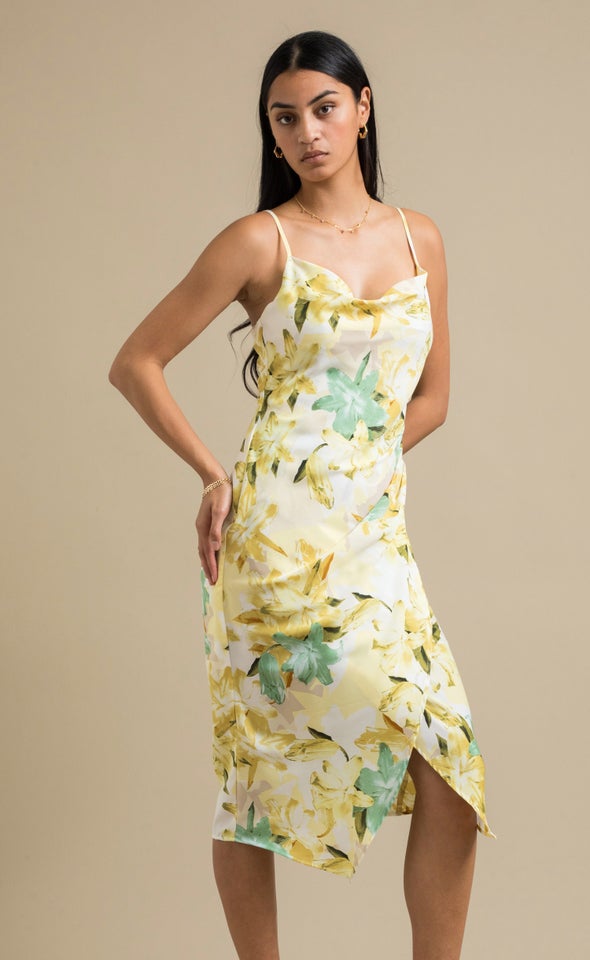 Satin Cowl Split Hem Dress Yellow/floral