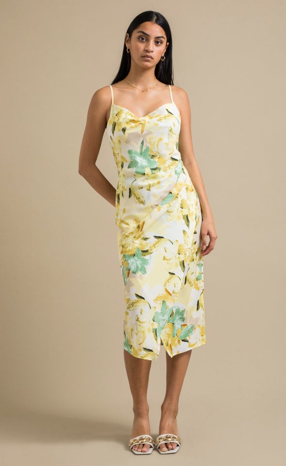 Satin Cowl Split Hem Dress Yellow/floral