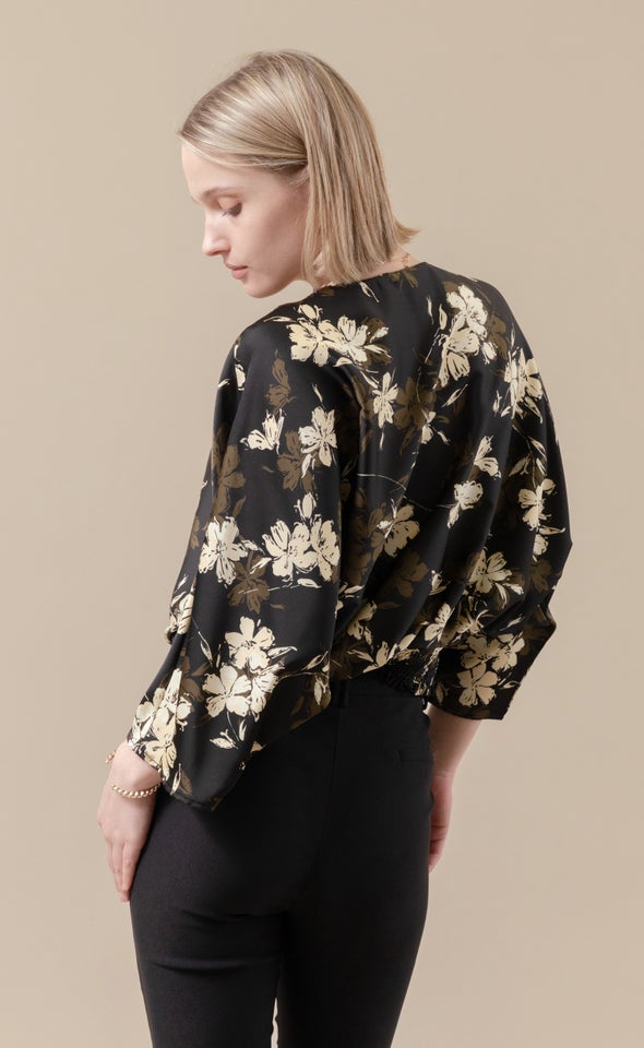 Satin Floral Batwing Top Black/khaki