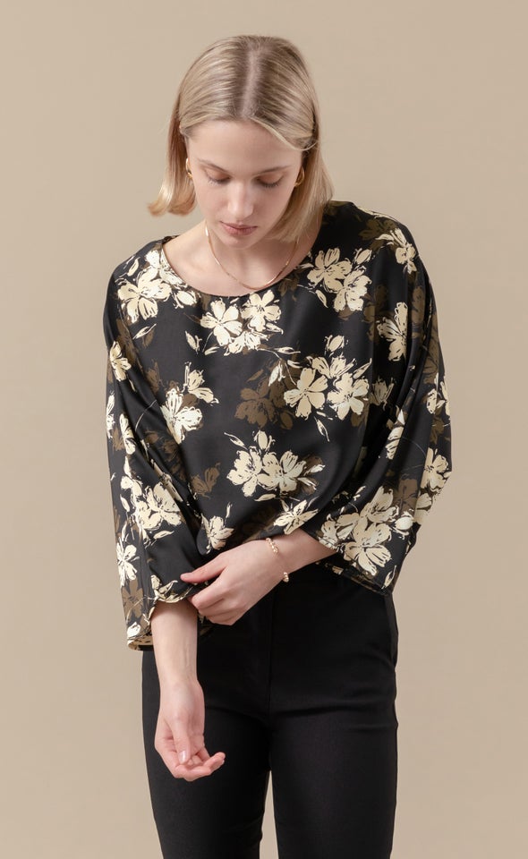 Satin Floral Batwing Top Black/khaki