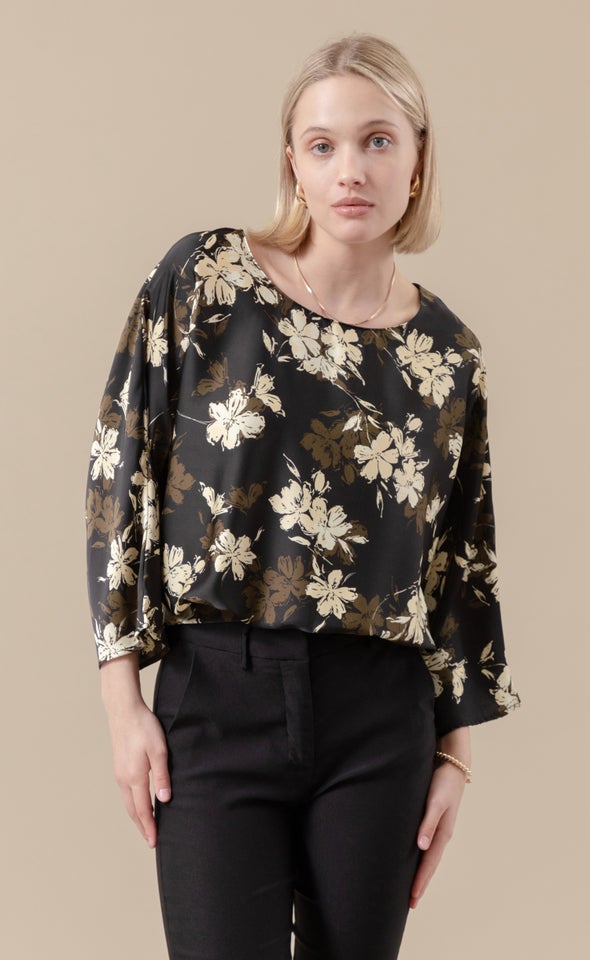 Satin Floral Batwing Top Black/khaki