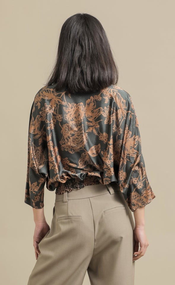 Satin Floral Batwing Top Emerald/tan