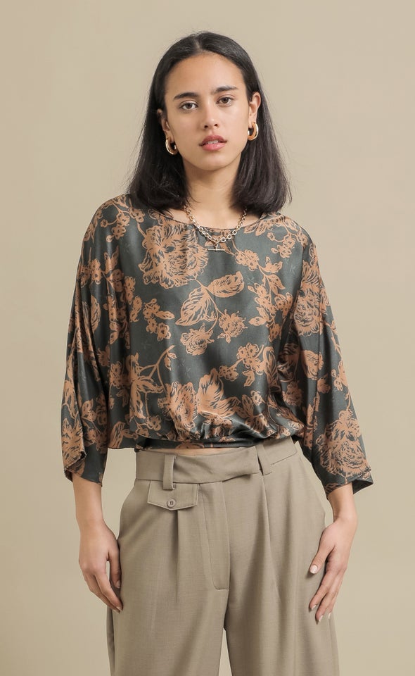 Satin Floral Batwing Top Emerald/tan