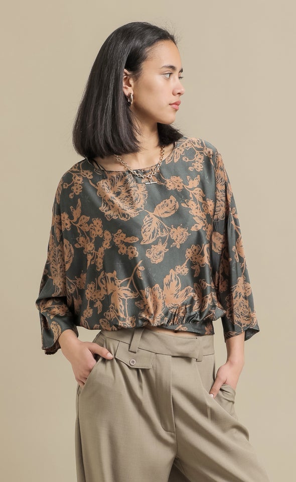 Satin Floral Batwing Top Emerald/tan