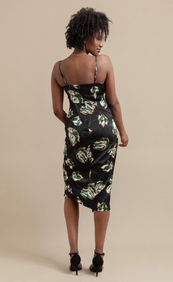 Satin Floral Bias Midi Dress Black/floral