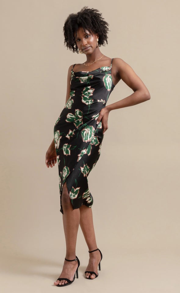 Satin Floral Bias Midi Dress Black/floral