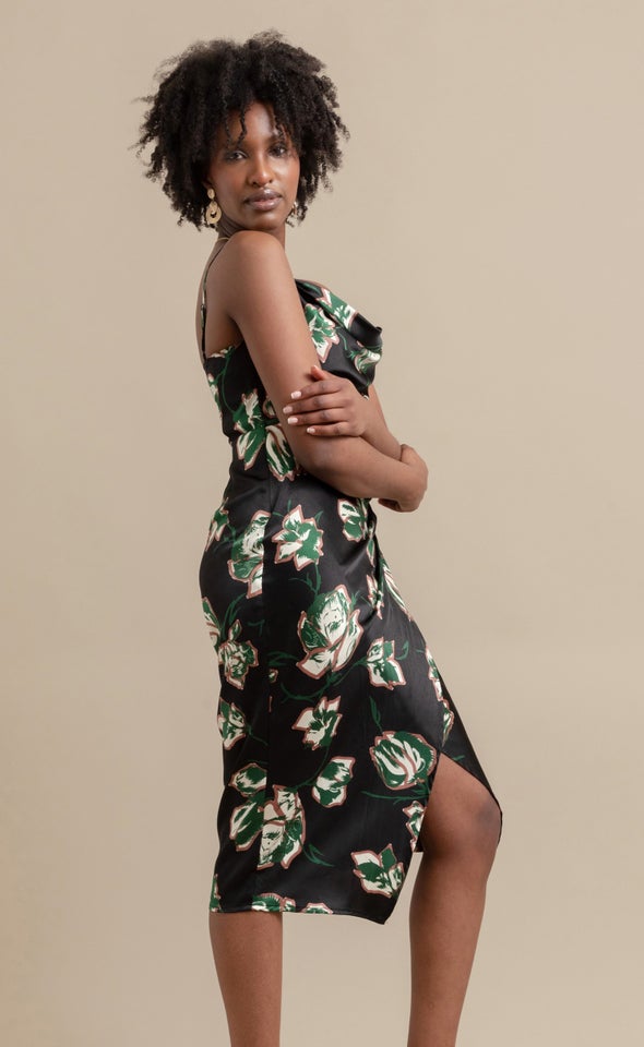 Satin Floral Bias Midi Dress Black/floral