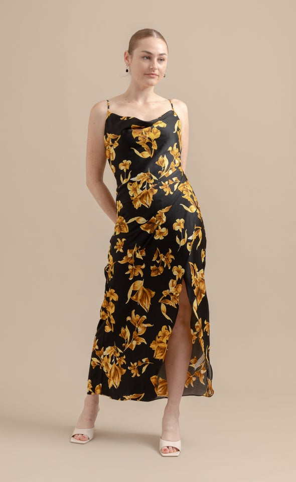 Satin Floral Bias Pleat Detail Gown Black/mustard