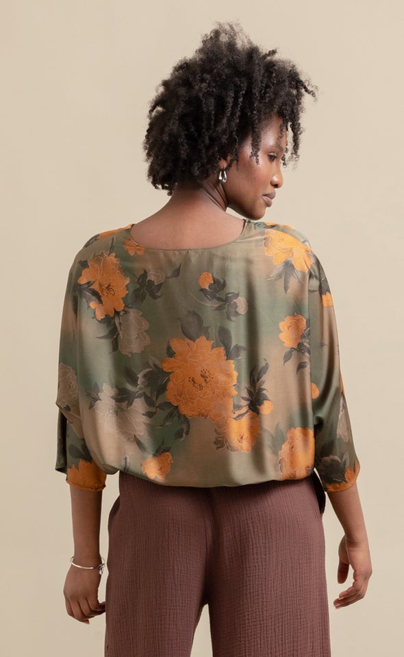 Satin Floral Long Batwing Top Green/ochre