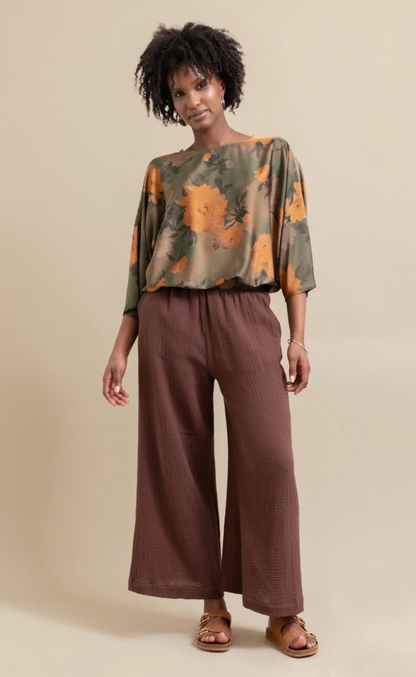 Satin Floral Long Batwing Top Green/ochre