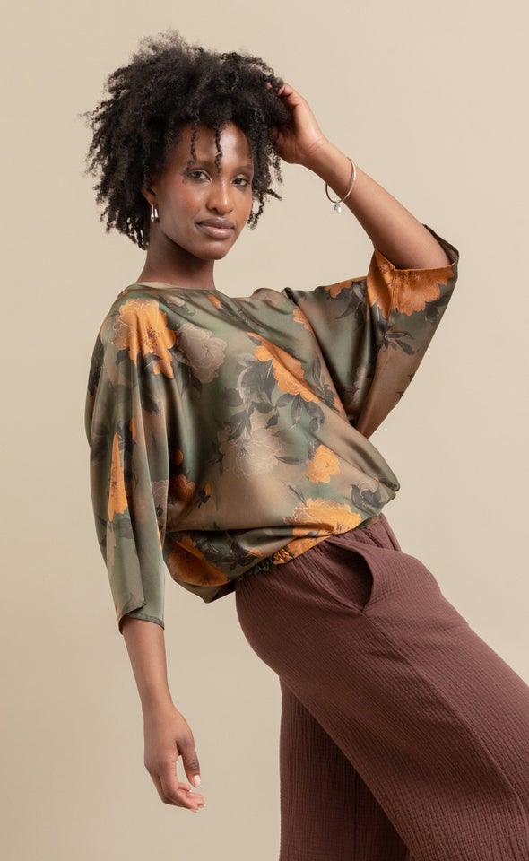 Satin Floral Long Batwing Top Green/ochre