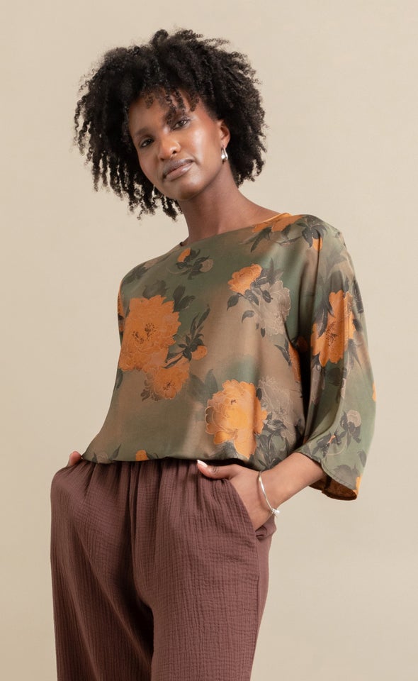 Satin Floral Long Batwing Top Green/ochre