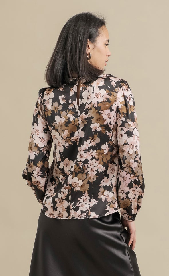 Satin Floral LS Shell Top Black/floral