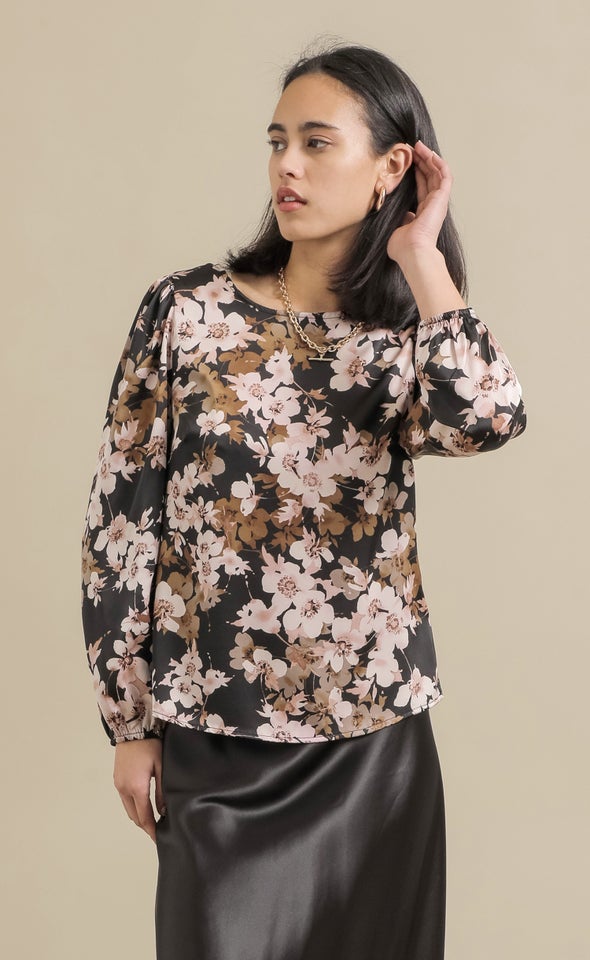 Satin Floral LS Shell Top Black/floral