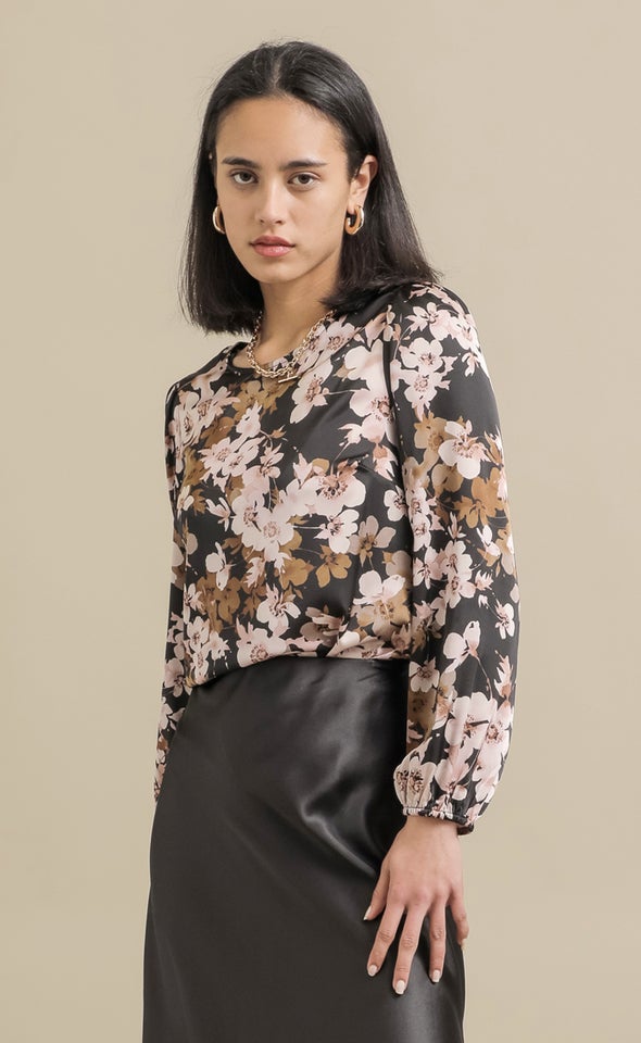 Satin Floral LS Shell Top Black/floral