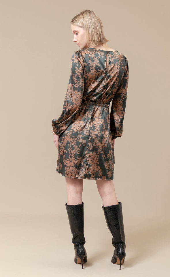 Satin Floral LS Shift Dress Emerald/tan