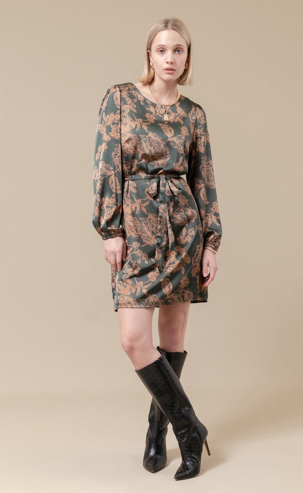 Satin Floral LS Shift Dress Emerald/tan