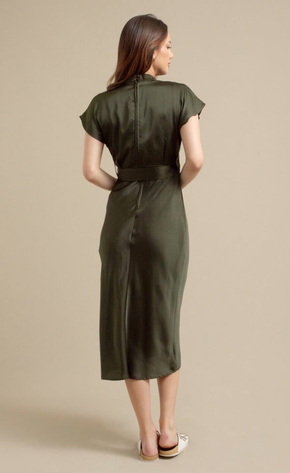 Satin High Neck Belted Flutter Dress Olive