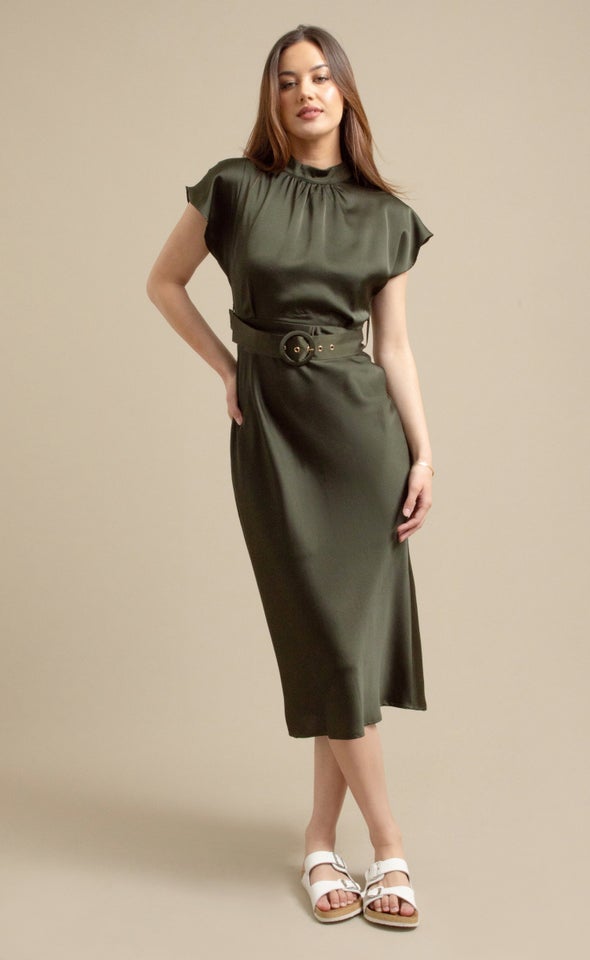 Satin High Neck Belted Flutter Dress Olive