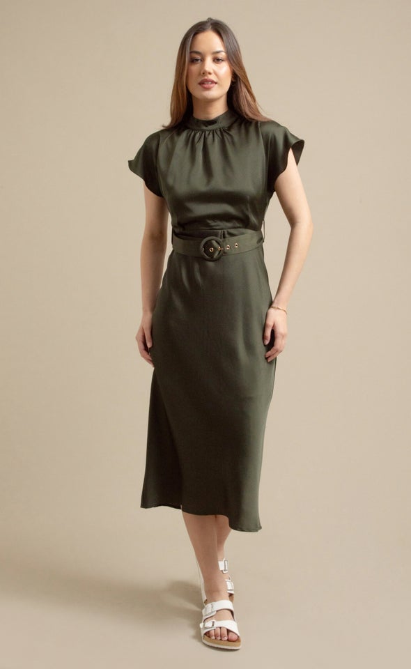 Satin High Neck Belted Flutter Dress Olive