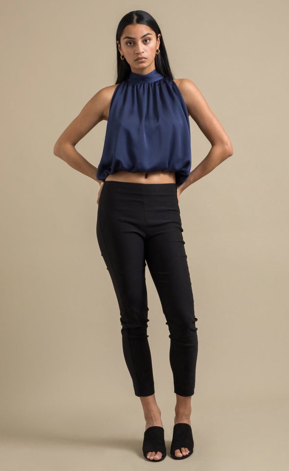 Satin High Neck Crop Top Navy