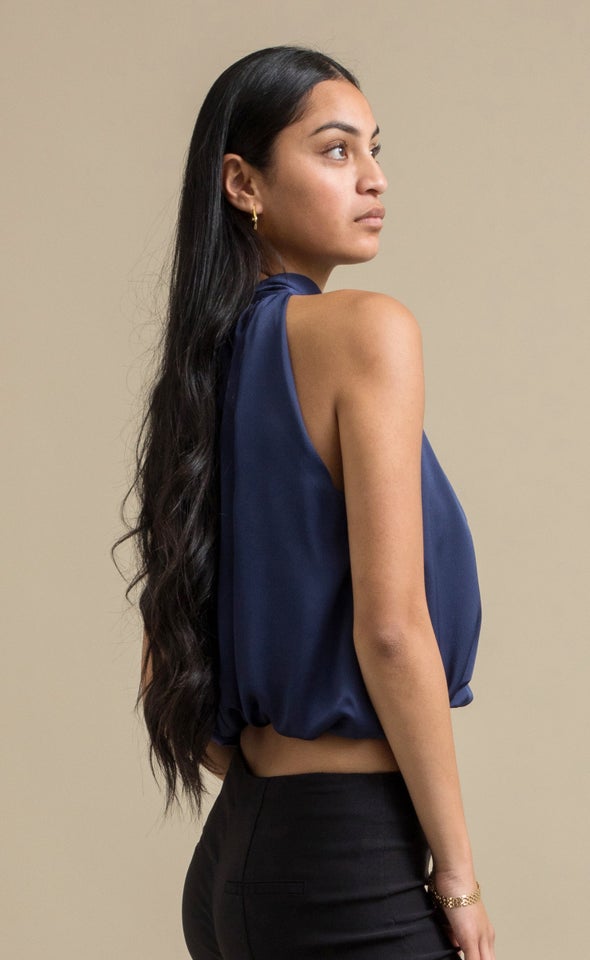 Satin High Neck Crop Top Navy