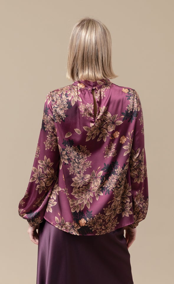 Satin High Neck LS Top Aubergine/floral